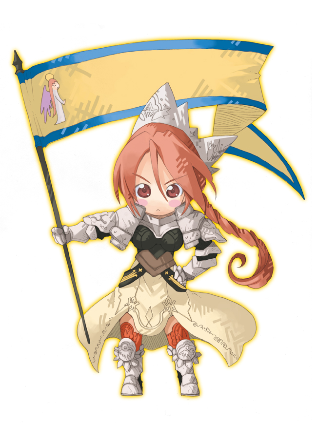 kazuki ren, wadrite berkstein hordaine, fantasy earth zero, 1girl, armor, armored boots, boots, braid, breastplate, female focus, flagpole, full body, knee boots, long hair, looking at viewer, shoulder pads, simple background, single braid, solo, standing, white background