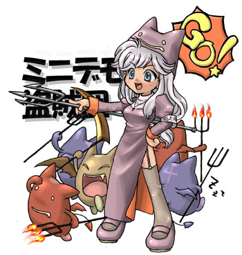 susukinohukurou, deviruchi, priest (ragnarok online), ragnarok online, lowres, 1girl, blue eyes, blush, deviruchi hat, dress, fire, full body, garter straps, grey hair, grey thighhighs, hat, holding, holding pitchfork, juliet sleeves, long hair, long sleeves, looking afar, mary janes, mini demon, open mouth, pitchfork, puffy sleeves, purple dress, purple shoes, shoes, simple background, smile, solo, standing, thighhighs, white background