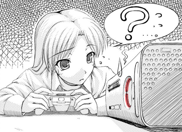 nomura teruya, kisaragi chihaya, idolmaster, idolmaster (classic), idolmaster 1, 00s, 1girl, ?, death, female focus, game console, greyscale, monochrome, red ring of death, solo, spoken question mark, spot color, sweatdrop, xbox 360
