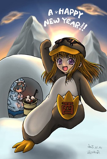 susukinohukurou, galapago (ragnarok online), ragnarok online, 1boy, 1girl, 2000s (style), 2005, :d, animal costume, blue eyes, blue hair, blue sky, brown hair, cloud, dated, english text, eyewear on head, full body, happy new year, igloo, long hair, mountain, new year, open mouth, outdoors, penguin costume, purple eyes, seal costume, sky, smile, snow, snow shelter, sunglasses
