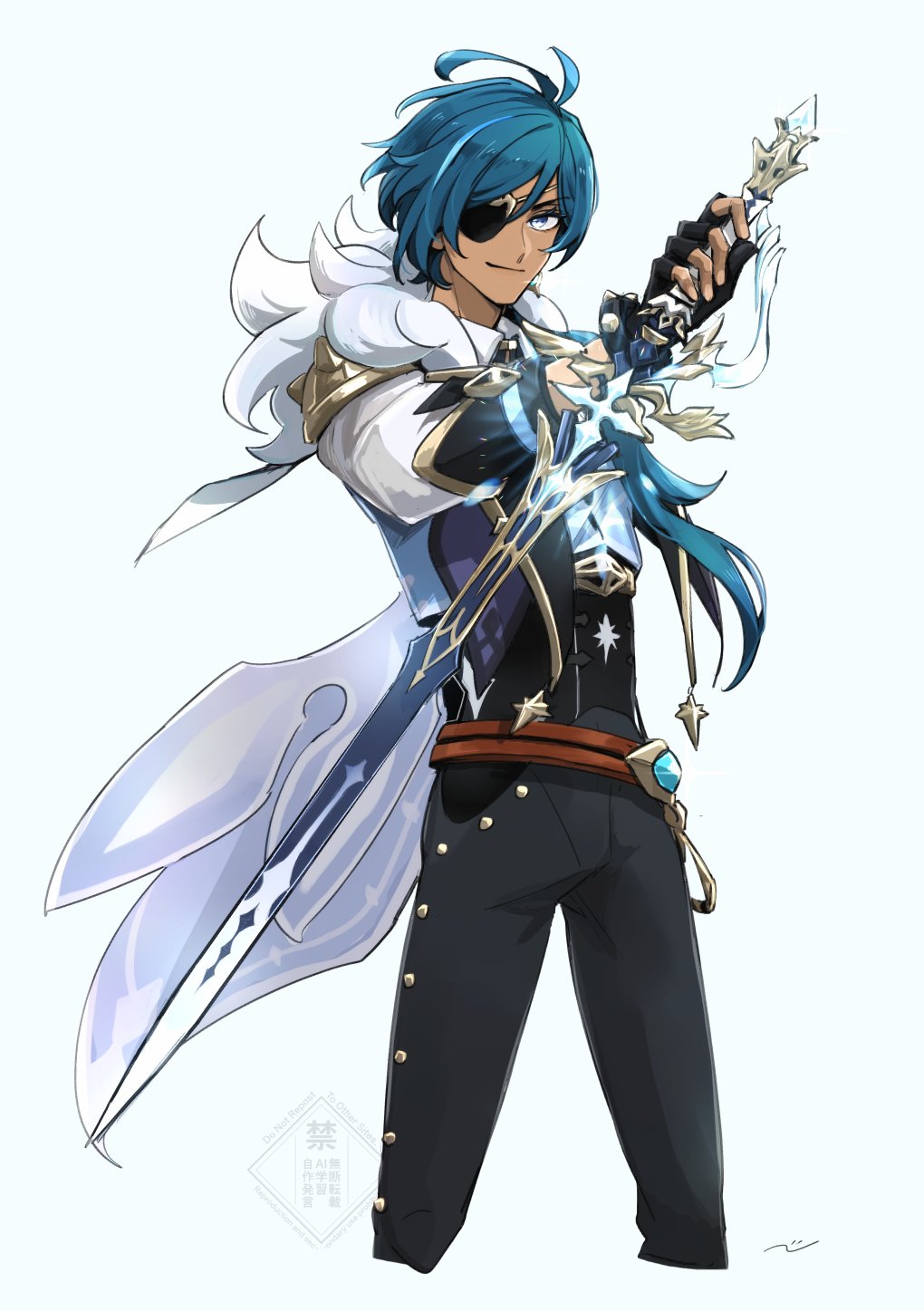 nendo (n), kaeya (genshin impact), genshin impact, commentary request, highres, 1boy, antenna hair, belt, black corset, black gloves, black pants, blue cape, blue eyes, blue hair, blue vest, bracelet, brown belt, cape, closed mouth, collared shirt, corset, cropped legs, dark-skinned male, dark skin, earrings, eyepatch, fingerless gloves, fur-trimmed cape, fur trim, gloves, gold trim, hair between eyes, hair over shoulder, hand up, holding, holding sword, holding weapon, jewelry, long hair, long sleeves, looking at viewer, low ponytail, male focus, multicolored hair, one eye covered, pants, parted bangs, ponytail, serpent devourer (genshin impact), shirt, simple background, single earring, sleeve cuffs, smile, solo, spiked bracelet, spikes, standing, streaked hair, sword, v-shaped eyebrows, vest, watermark, weapon, white background, white shirt, wing collar