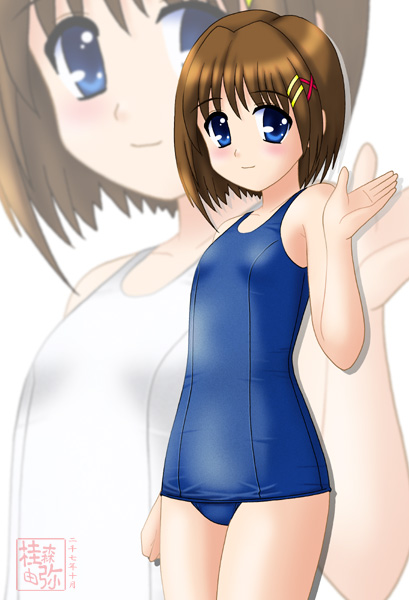 neopure, yagami hayate, lyrical nanoha, mahou shoujo lyrical nanoha, mahou shoujo lyrical nanoha a's, 00s, 1girl, female focus, hair ornament, one-piece swimsuit, school swimsuit, solo, swimsuit, x hair ornament