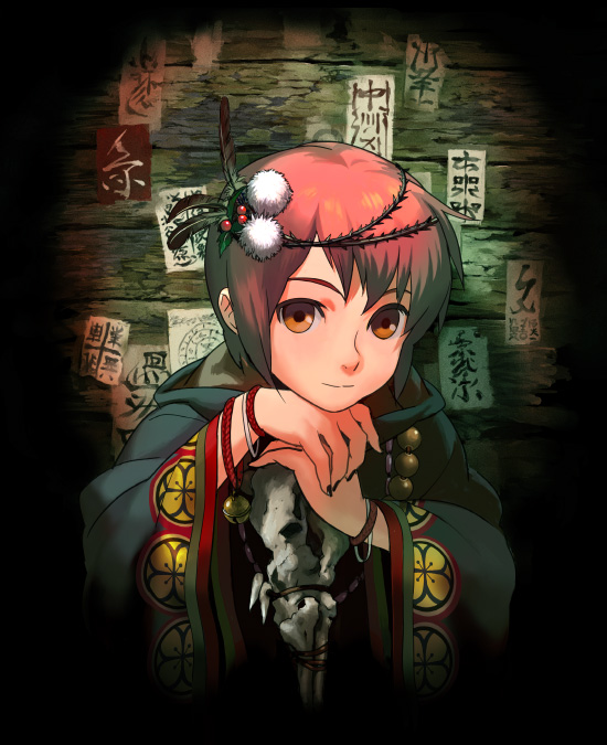 edo umi, original, 1girl, black nails, bone, brown eyes, brown hair, female focus, nail polish, shaman, short hair, solo