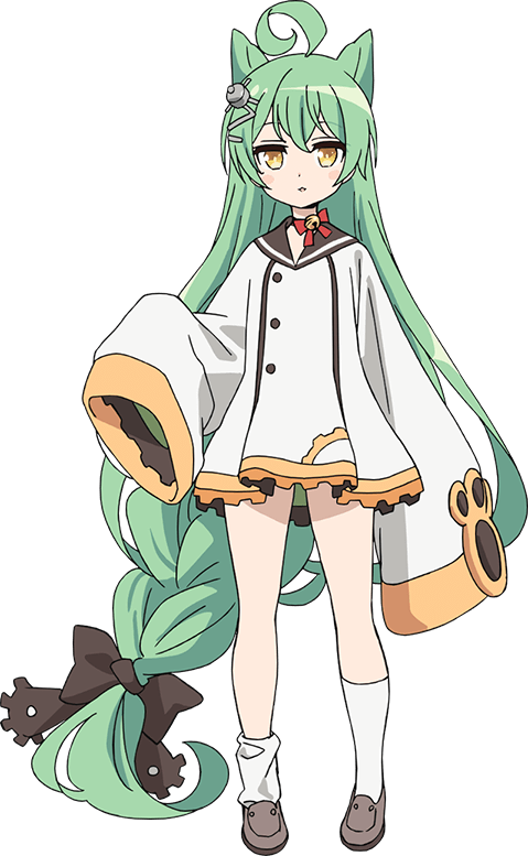 akashi (azur lane), azur lane, official art, 1girl, ahoge, animal ears, anime coloring, bell, black bow, blush, bow, braid, brown sailor collar, cat ears, choker, dress, flat chest, flats, full body, green hair, grey shoes, hair between eyes, hair bow, hair ornament, hand up, huge ahoge, jitome, long hair, long sleeves, looking at viewer, loose socks, ogiwara rokou, open mouth, parted lips, ribbon choker, sailor collar, sailor dress, shoes, simple background, sleeves past fingers, sleeves past wrists, socks, solo, standing, tachi-e, transparent background, very long hair, white dress, white socks, yellow eyes