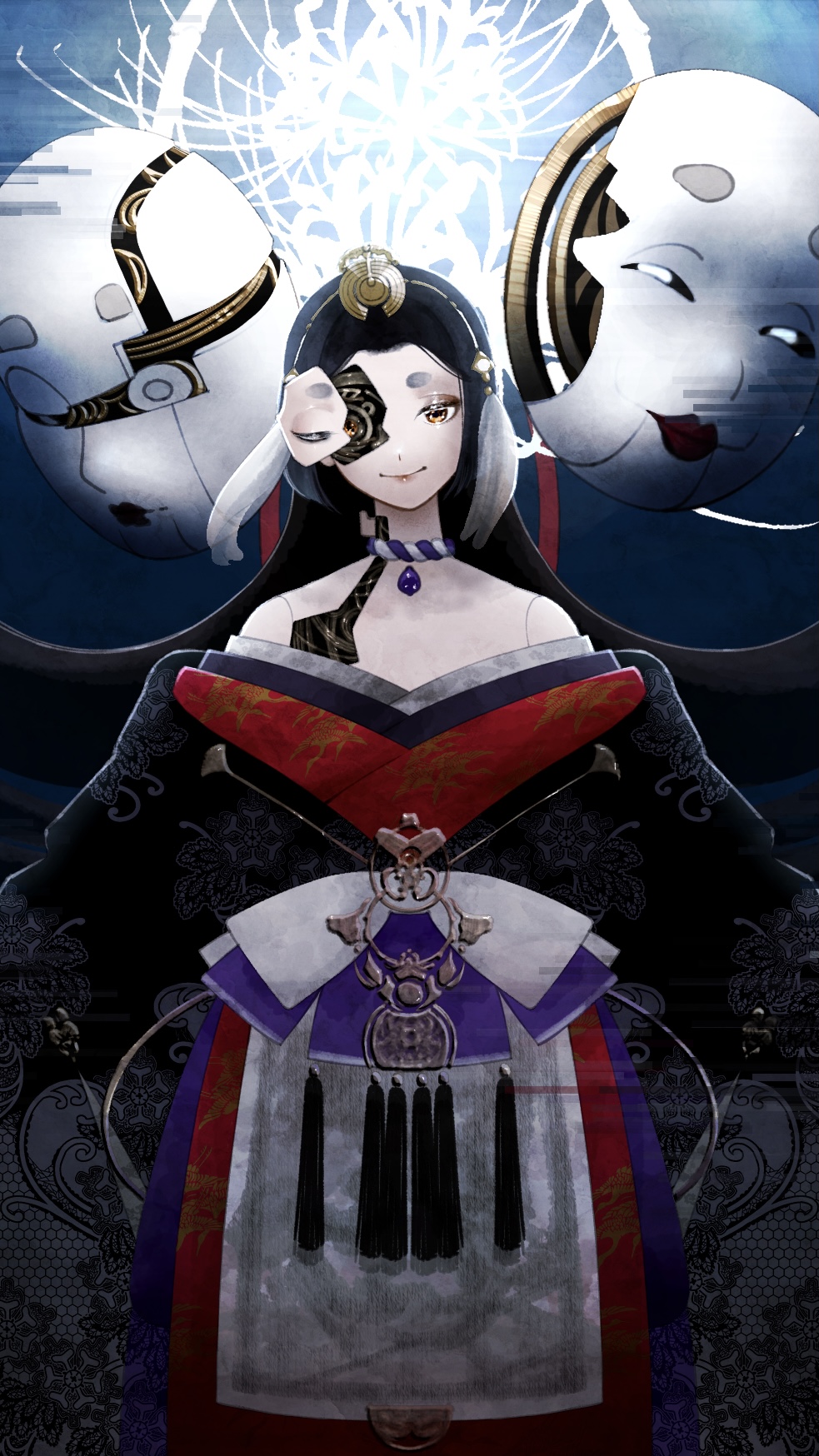 1 hcs, miracle nikki, nikki (series), highres, 1girl, android, apron, bare shoulders, black hair, black hanfu, blue background, blue bow, blue choker, bow, chinese clothes, choker, closed mouth, cowboy shot, cracked skin, doll joints, eyeshadow, flower, gears, glowing, gradient background, hair ornament, hanfu, joints, long sleeves, makeup, mask, noh mask, off shoulder, one eye closed, red eyeshadow, rope choker, smile, solo, spider lily, standing, stylist (nikki), tassel, tassel hair ornament, two-tone bow, two-tone choker, waist apron, waist bow, white apron, white bow, white choker, white flower