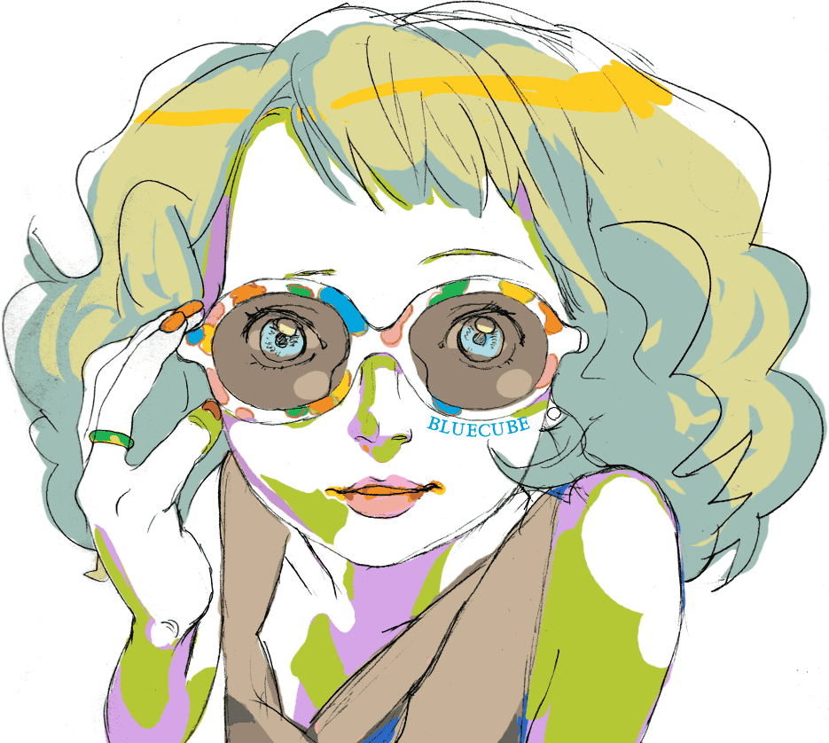 nasou, ninton, original, character request, 1970s (style), 1girl, blonde hair, blue eyes, female focus, glasses, limited palette, looking at viewer, oldschool, retro artstyle, short hair, simple background, sketch, solo, sunglasses, upper body, white background