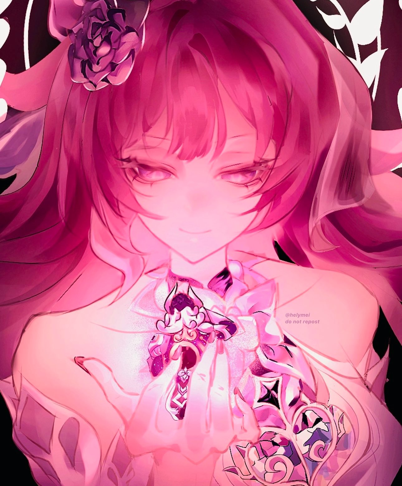 cyrene (honkai: star rail), lygus (honkai: star rail), honkai: star rail, honkai (series), commentary, english commentary, highres, 1boy, 1girl, bare shoulders, breasts, flower, hair flower, hair ornament, halo, hourly elymei, large breasts, long hair, looking at another, pink hair, purple eyes, robot, upper body, very long hair