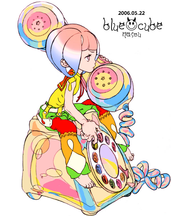 nasou, ninton, original, 00s, 1girl, 2006, antique phone, barefoot, bolo tie, colorful, corded phone, dated, female focus, multicolored hair, neckerchief, pants, phone, rotary phone, simple background, solo, white background