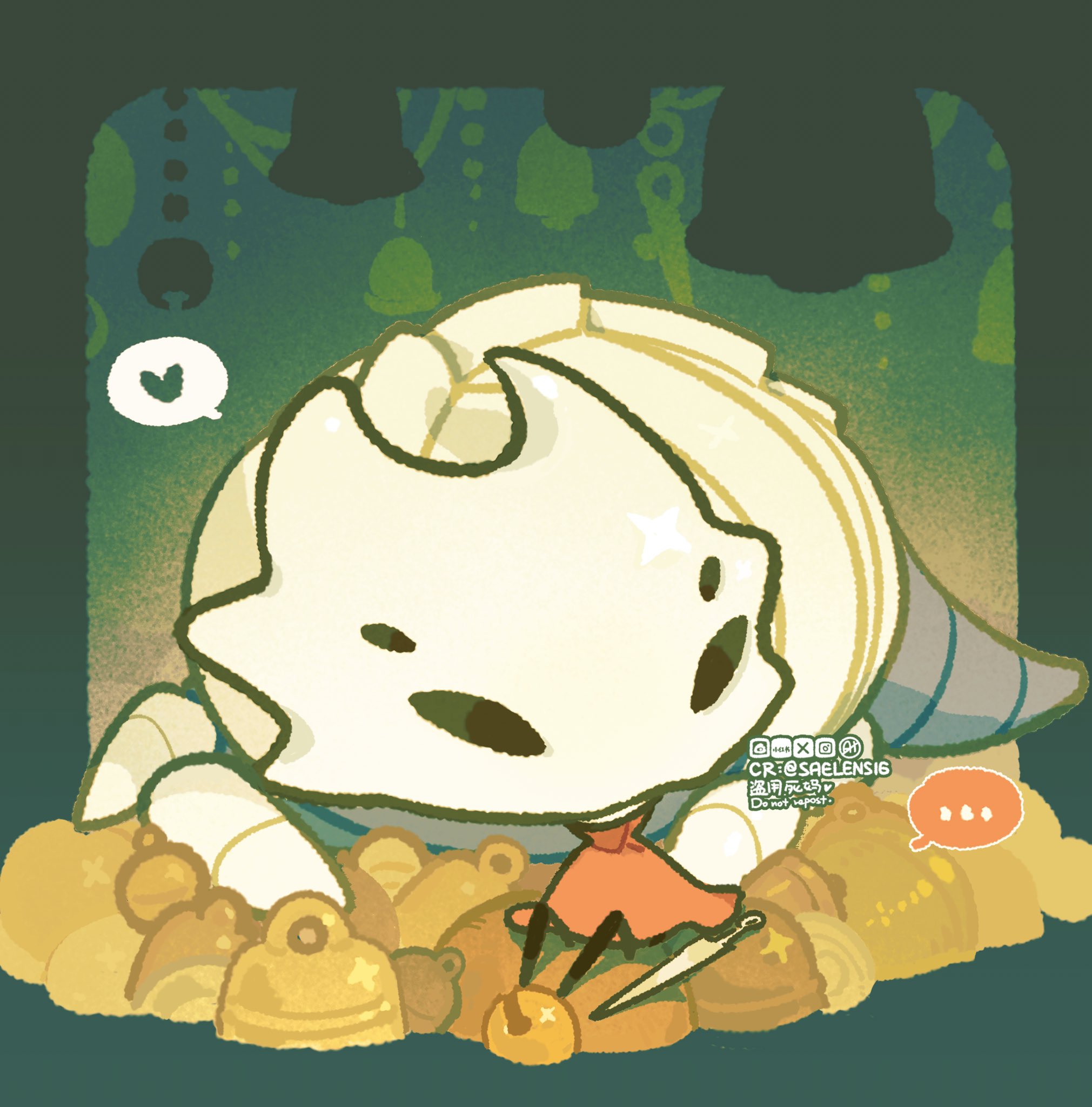 saelens16, bell beast (hollow knight), hornet (hollow knight), hollow knight, hollow knight: silksong, highres, …, arthropod girl, bell, bug, cloak, colored speech bubble, head in mouth, heart, hollow eyes, horned mask, mask, needle (hollow knight), red cloak, sitting, speech bubble, spoken heart, twitter username
