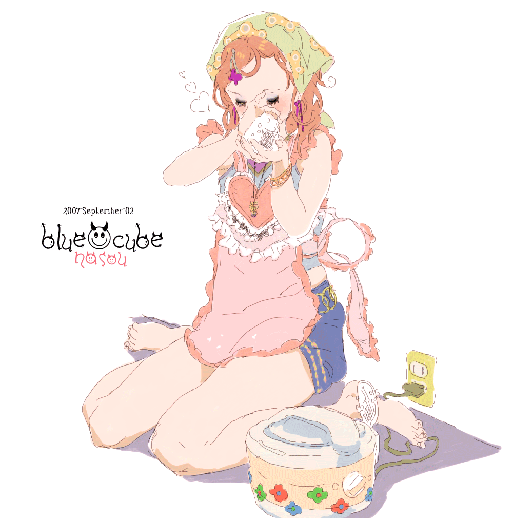 nasou, ninton, original, 1girl, apron, barefoot, electric plug, electrical outlet, female focus, food, green headscarf, headscarf, onigiri, rice cooker, ricecooker, solo