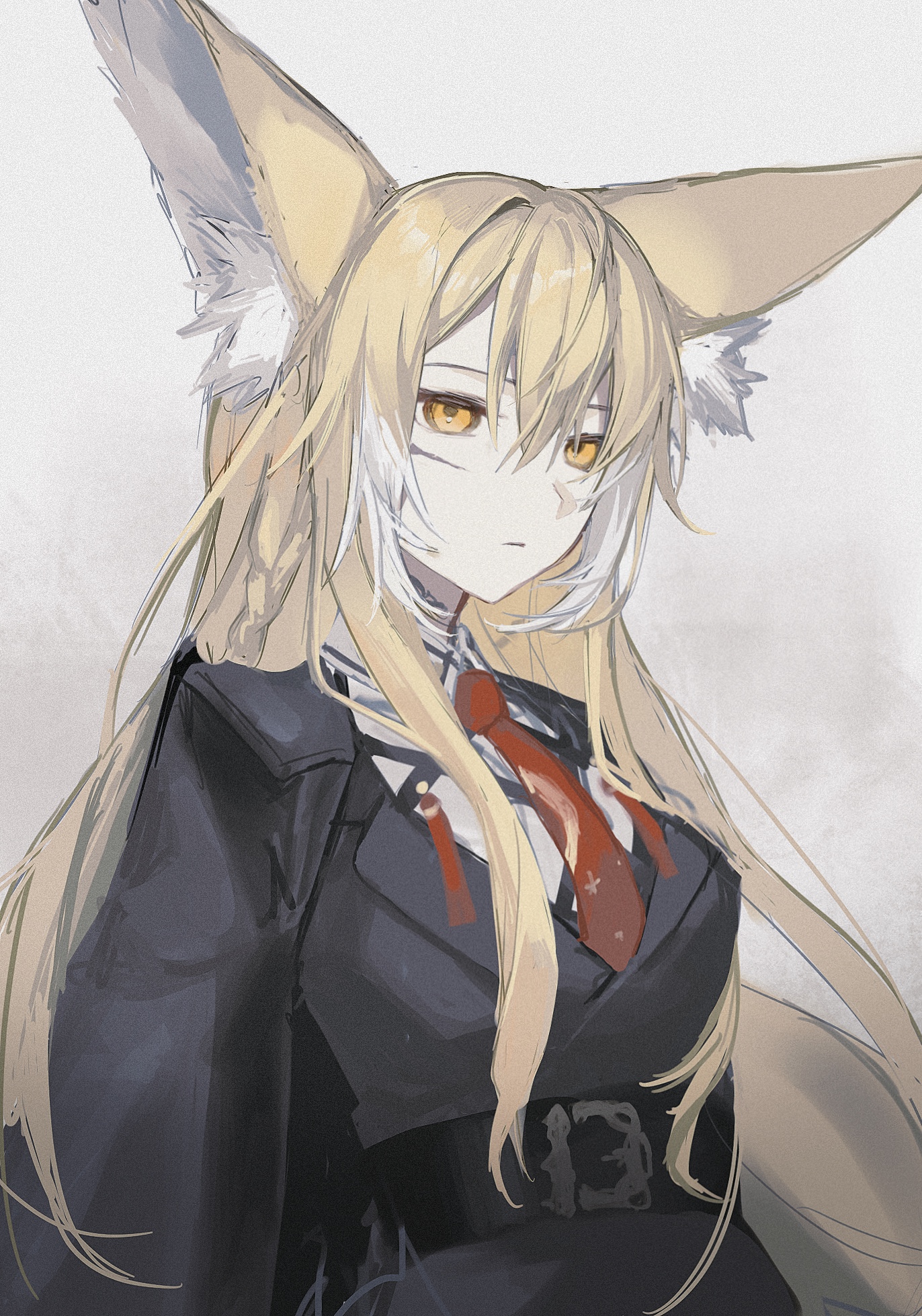 mochi194745, vulpisfoglia (arknights), arknights, commentary, highres, 1girl, animal ear fluff, animal ears, belt, belt buckle, black belt, black jacket, blazer, blonde hair, buckle, closed mouth, expressionless, facial scar, grey background, hair between eyes, jacket, jacket on shoulders, long hair, looking at viewer, multicolored hair, necktie, one-hour drawing challenge, red necktie, scar, scar on cheek, scar on face, solo, streaked hair, upper body, white hair, yellow eyes