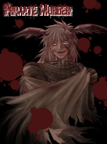 susukinohukurou, knight (ragnarok online), ragnarok online, lowres, 1boy, armor, black background, blood, blood on face, blood splatter, cape, cape hold, chainmail, demon wings, english text, grey cape, grey hair, grey wings, head wings, long hair, looking at viewer, male focus, open mouth, pauldrons, red eyes, shoulder armor, simple background, smile, solo, tongue, tongue out, upper body, wings