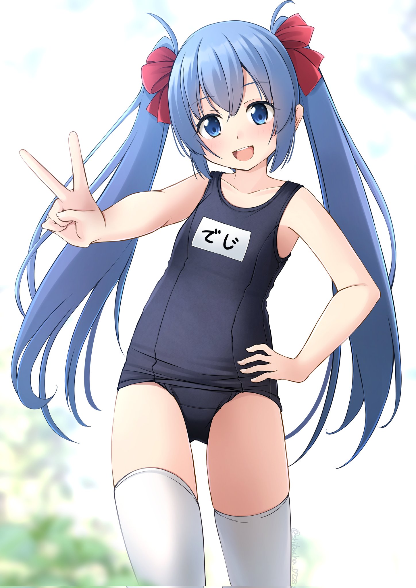 shibacha, digitan, original, commentary request, highres, 1girl, :d, blue eyes, blue hair, blue one-piece swimsuit, competition school swimsuit, cowboy shot, flat chest, hair ribbon, hand on own hip, long hair, looking at viewer, name tag, one-piece swimsuit, open mouth, ribbon, round teeth, school swimsuit, smile, solo, swimsuit, teeth, thighhighs, twintails, upper teeth only, v, very long hair, white thighhighs