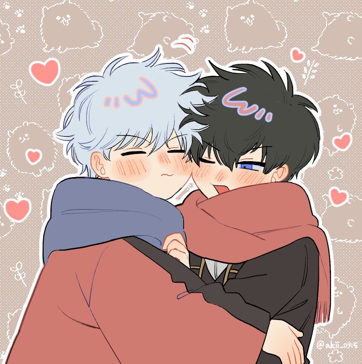 akii 0915, hijikata toushirou, sakata gintoki, gintama, commentary request, 2boys, :s, arm up, black hair, black jacket, blue eyes, blue scarf, blush, closed eyes, dog, hair between eyes, heart, hug, jacket, long sleeves, male focus, multiple boys, one eye closed, open mouth, pomeranian (dog), red scarf, scarf, shinsengumi (gintama), short hair, twitter username, upper body, white hair, wide sleeves, yaoi