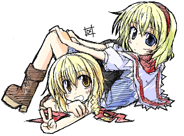 happy go lucky, yuuhi alpha, alice margatroid, kirisame marisa, touhou, 2girls, :d, apron, blonde hair, blue eyes, female focus, grin, lying, multiple girls, no headwear, on stomach, open mouth, short hair, simple background, sitting, smile, teeth, v, waist apron, white background, yuri