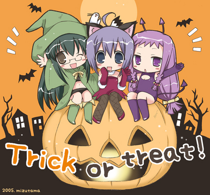 ayase yue, chamo, miyazaki nodoka, saotome haruna, mahou sensei negima!, lowres, 00s, 2005, 3girls, animal ears, cat ears, fishnet pantyhose, fishnets, halloween, long hair, low-tied long hair, multiple girls, pantyhose, trick or treat, witch