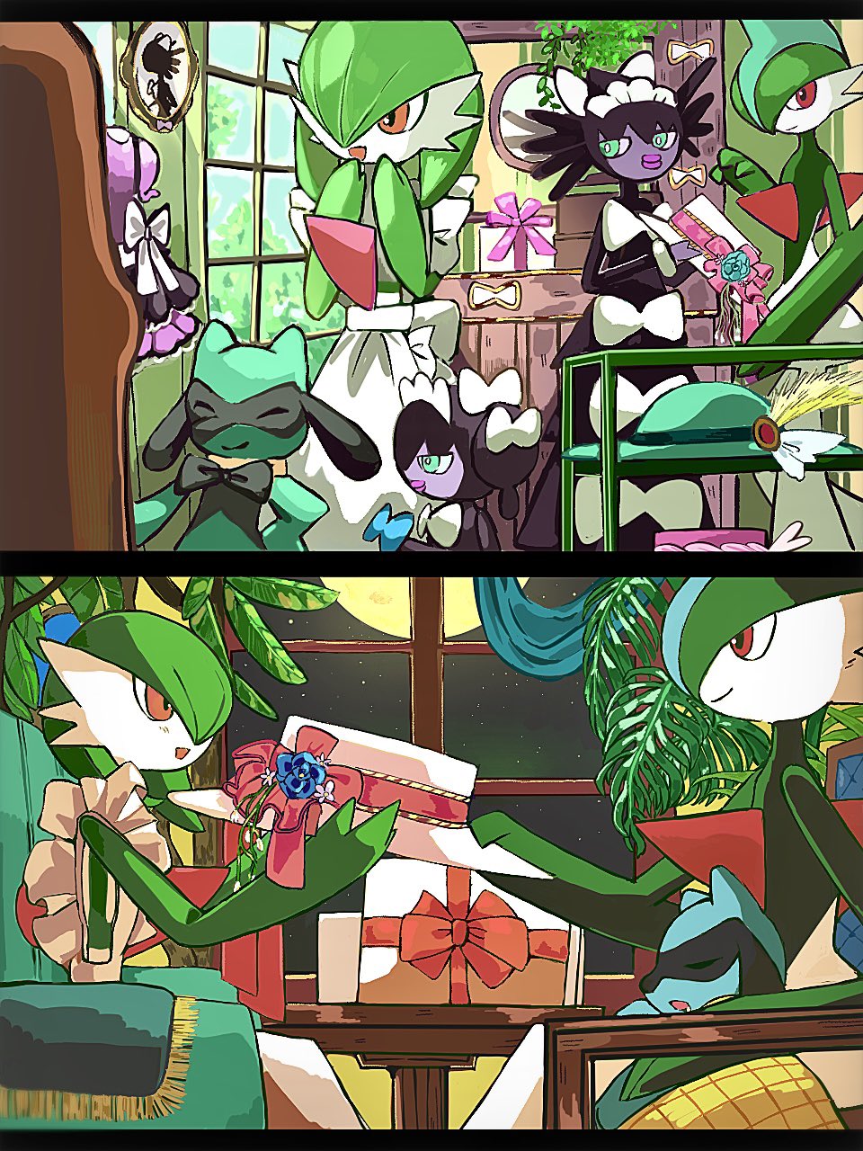 kaguya hobby, gallade, gardevoir, gothitelle, gothorita, riolu, nintendo, pokemon, highres, apron, blue fur, bow, chair, colored skin, gen 3 pokemon, gen 4 pokemon, gen 5 pokemon, gift, green hair, green hat, green skin, hair over one eye, hat, hat bow, moon, multicolored skin, night, night sky, on chair, pink bow, pink eyes, pokemon (creature), sitting, sky, two-tone skin, white apron, white bow, white skin, window