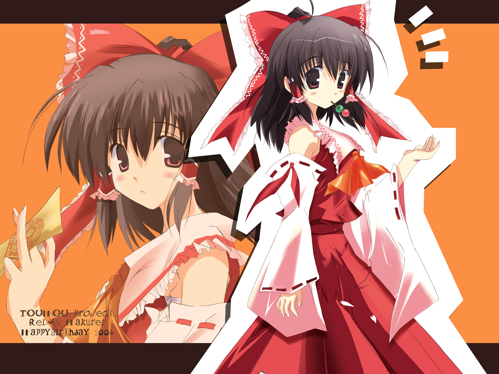 happy birthday (artist), hakurei reimu, touhou, highres, 1girl, ^^^, ahoge, ascot, black hair, blush, character name, copyright name, detached sleeves, dress, female focus, fingernails, flat chest, hair ribbon, letterboxed, long fingernails, looking back, mouth hold, ofuda, ponytail, purple eyes, ribbon, short hair, solo, standing, surprised