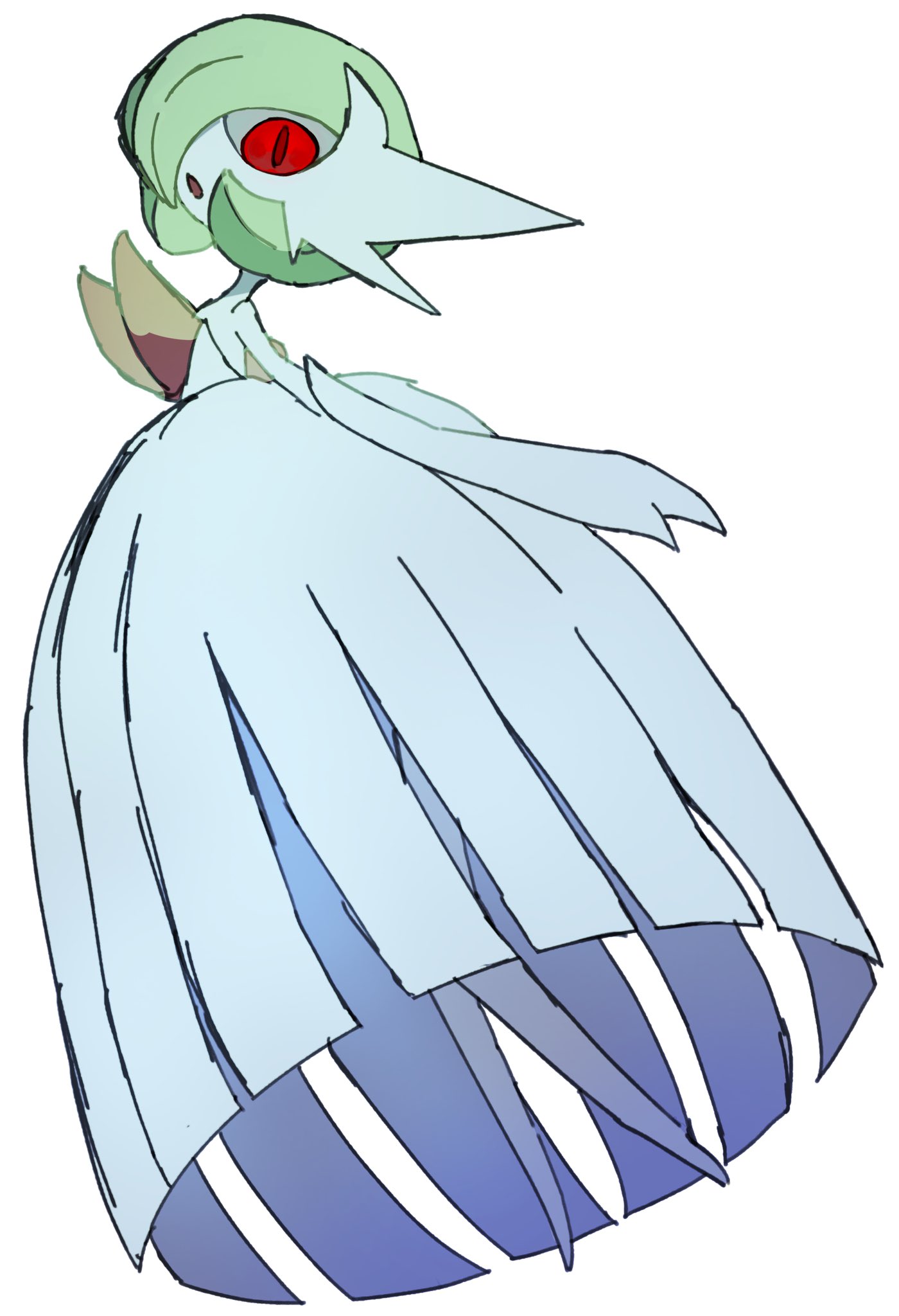 e eee g, gardevoir, mega gardevoir, nintendo, pokemon, highres, bob cut, colored skin, dress, elbow gloves, gen 3 pokemon, gloves, green hair, mega pokemon, pokemon (creature), red eyes, simple background, white background, white dress, white gloves, white skin