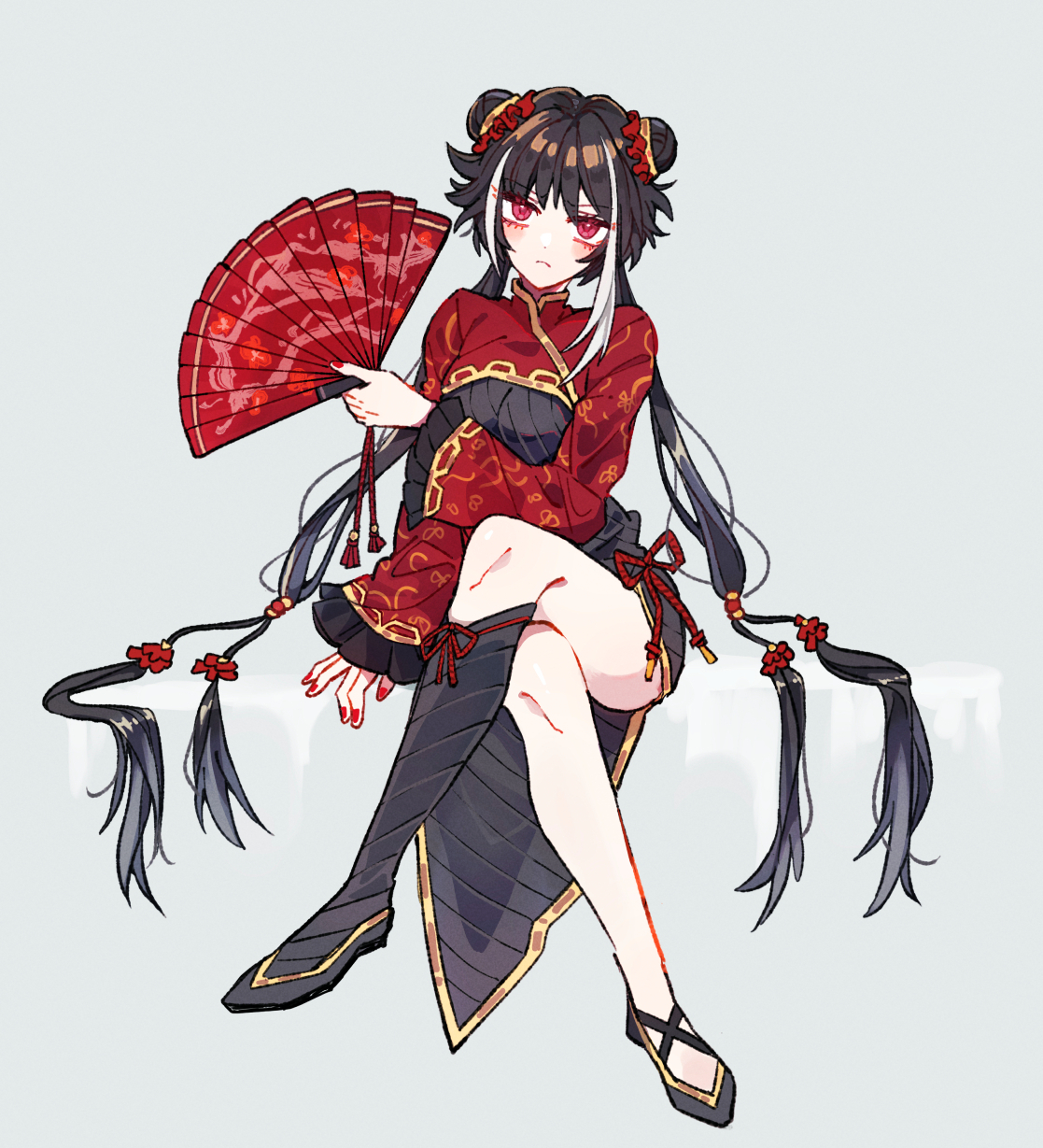 yono neie, jia xichun (project moon), limbus company, project moon, highres, 1girl, black dress, black hair, black shoes, chinese clothes, double bun, dress, full body, grey background, hair bun, hand fan, long hair, long sleeves, looking at viewer, multicolored hair, pink eyes, red shrug, rope belt, shoes, simple background, sitting, solo, streaked hair, twintails, white streaks