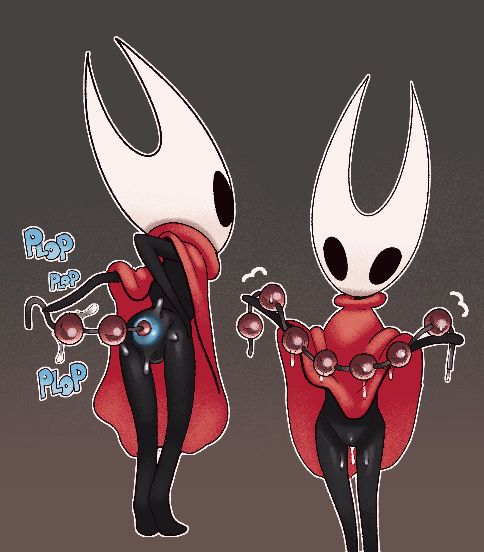 dogmalord, hornet (hollow knight), hollow knight, commentary, english commentary, highres, 1girl, anal, anal beads, anal object insertion, anus, dress, multiple views, object insertion, red dress, sex toy, uncensored