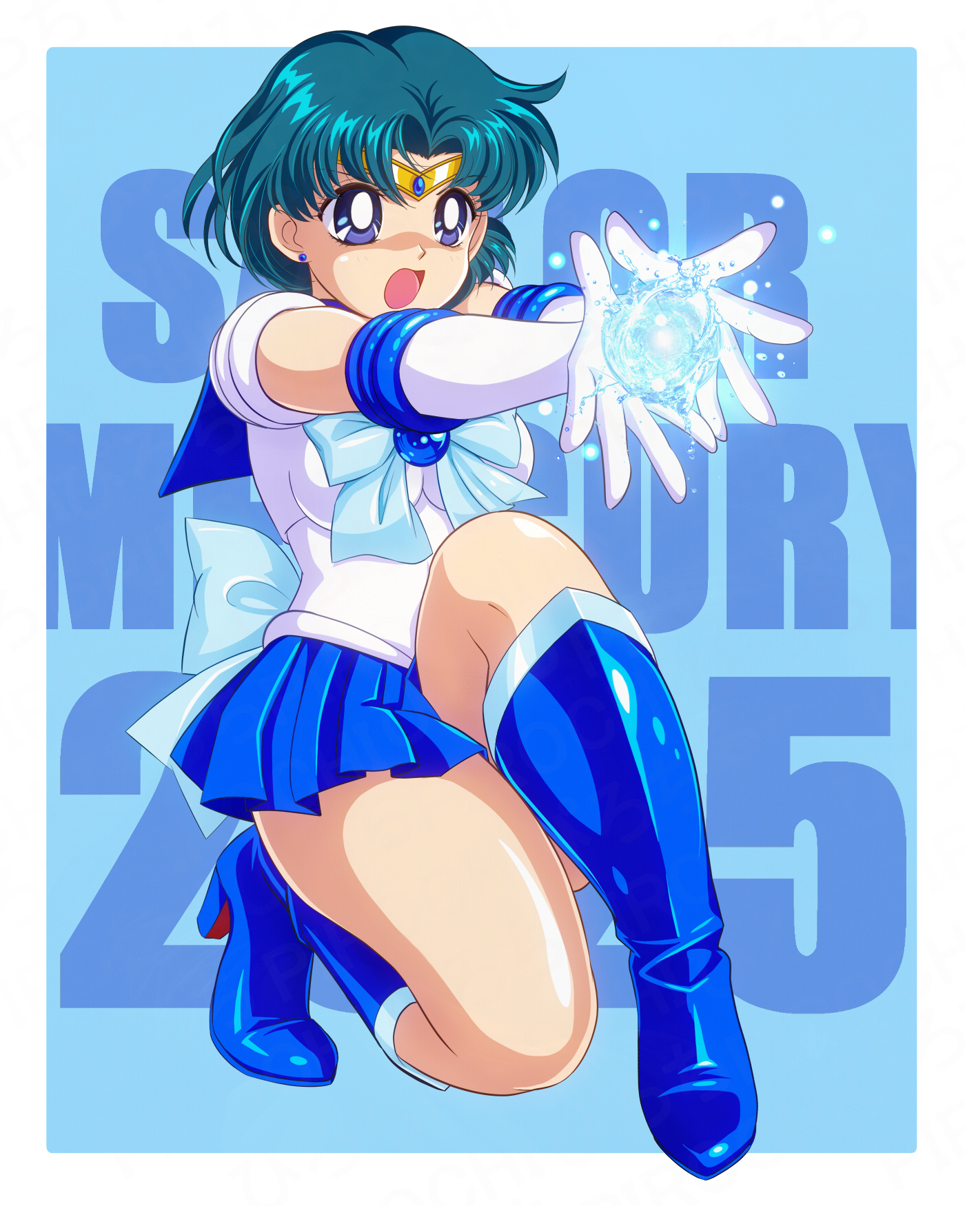 pirochi, mizuno ami, sailor mercury, bishoujo senshi sailor moon, highres, back bow, blue boots, blue bow, blue bowtie, blue brooch, blue choker, blue eyes, blue hair, blue sailor collar, blue skirt, boots, bow, bowtie, character name, choker, circlet, dated, earrings, elbow gloves, gloves, high heel boots, high heels, jewelry, knee boots, on one knee, open mouth, sailor collar, short hair, skirt, thick thighs, thighs, v-shaped eyebrows, white gloves