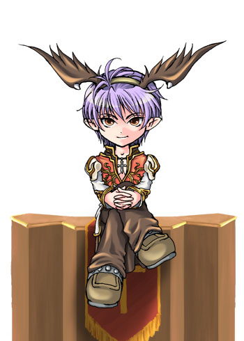 susukinohukurou, high priest (ragnarok online), ragnarok online, lowres, 1boy, brown pants, brown shoes, brown wings, closed mouth, coat, demon wings, fake wings, full body, gold trim, hands on own knee, head wings, interlocked fingers, long sleeves, looking at viewer, male focus, multicolored coat, orange eyes, pants, pointy ears, purple hair, red coat, shoes, short hair, simple background, sitting, smile, solo, two-tone coat, white background, white coat, wings