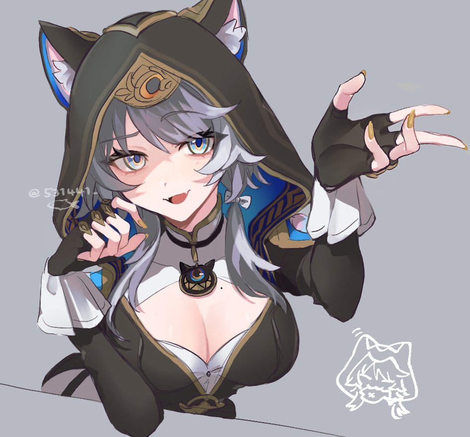 cipher (honkai: star rail), honkai: star rail, honkai (series), 1girl, 531441, animal hood, black hood, breasts, cat girl, cat hood, ears through hood, grey background, hood, mole, mole on breast, mole on chest, simple background, solo, upper body, white background, yellow nails