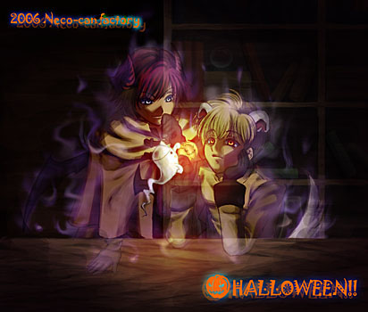 susukinohukurou, acolyte (ragnarok online), lude (ragnarok online), mage (ragnarok online), ragnarok online, lowres, 2006, 2boys, animal ears, bio lab, black gloves, blonde hair, blue eyes, book, bookshelf, brown cape, candle, cape, closed mouth, dog ears, dog tail, errende ebecee, fake animal ears, fake horns, fake tail, ghost, gloves, halloween, hand on own cheek, hand on own face, horns, indoors, laurell weinder, male focus, multiple boys, orange eyes, red hair, red horns, short hair, smile, table, tail, upper body