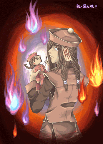 susukinohukurou, horong (ragnarok online), munak, ragnarok online, braided twintails, lowres, translation request, 1boy, braid, brown hair, brown hat, brown shirt, brown vest, character doll, closed mouth, doll, expressionless, fire, hat, hitodama, hyegun, jiangshi, long hair, long sleeves, looking at viewer, looking back, male focus, ofuda, orange background, shirt, solo, upper body, vest