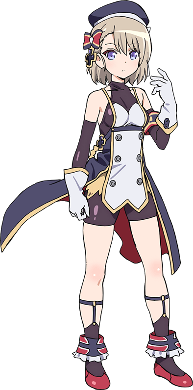 z23 (azur lane), azur lane, official art, 1girl, anime coloring, armband, bare shoulders, beret, black socks, blue eyes, blue hat, blush, bow, breasts, brown hair, closed mouth, covered collarbone, cross, flats, full body, gloves, hair between eyes, hair bow, hand up, hat, looking at viewer, medium breasts, ogiwara rokou, pantyhose, red shoes, shoes, short hair, simple background, socks, solo, standing, striped bow, tachi-e, transparent background, white gloves