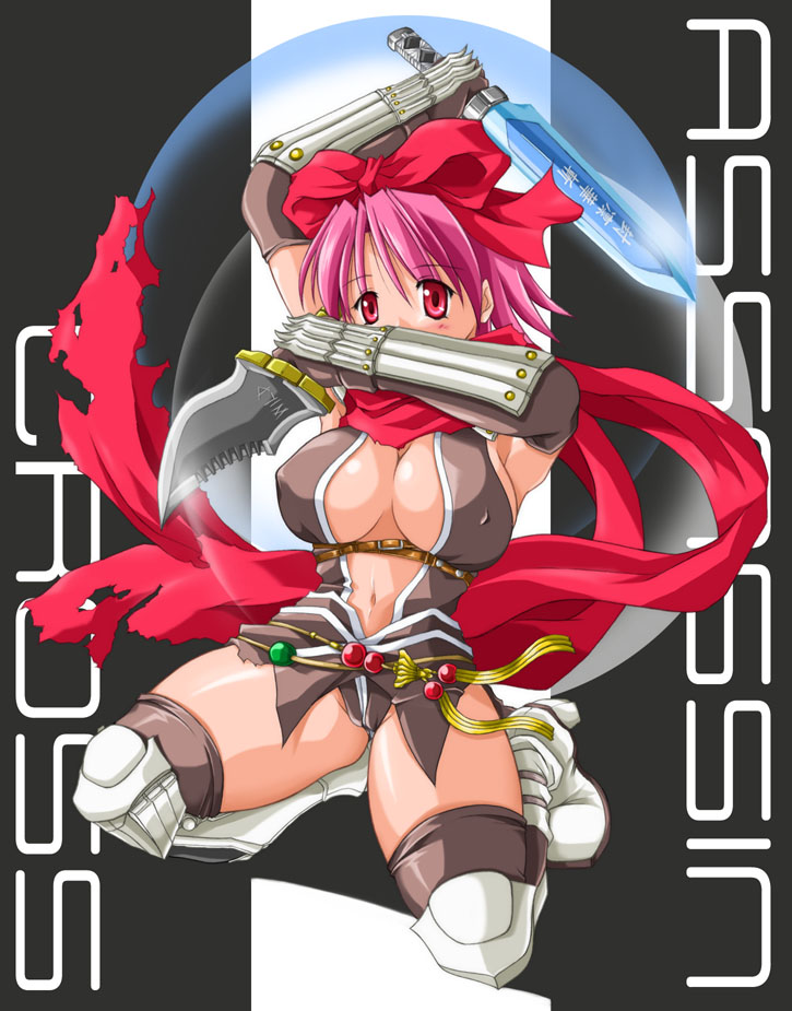 assassin cross (ragnarok online), ragnarok online, 1girl, asymmetrical dual wielding, breasts, dual wielding, female focus, large breasts, pink hair, solo, thighhighs