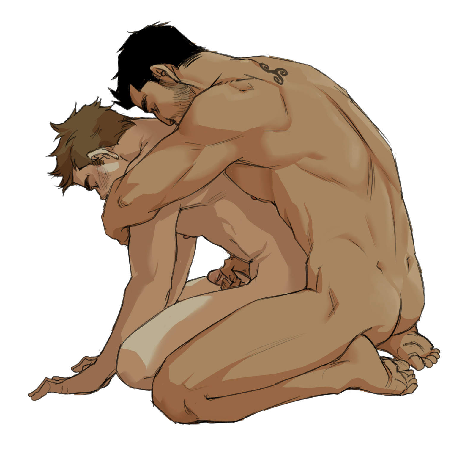 kaciart, highres, 2boys, arm around shoulder, ass, back tattoo, black hair, brown hair, completely nude, derek hale, dimples of venus, erection, handjob, kneeling, male focus, multiple boys, muscular, muscular male, nipples, nude, pectorals, penis, reach-around, short hair, sidepec, simple background, stiles stilinski, tattoo, teen wolf, white background, yaoi