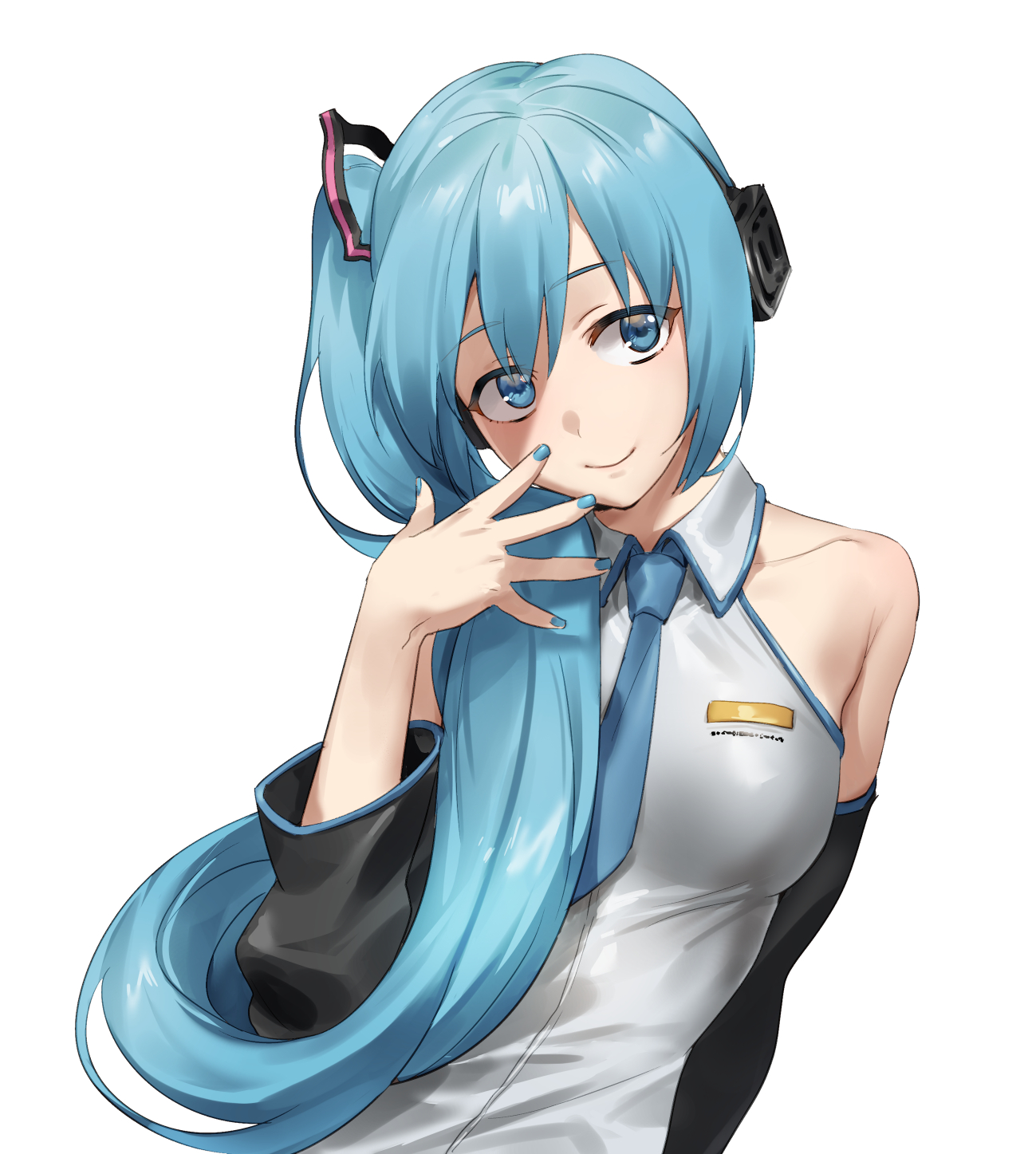 bchlmnr, hatsune miku, vocaloid, chinese commentary, highres, 1girl, aqua eyes, aqua hair, aqua nails, bare shoulders, black sleeves, blue eyes, closed mouth, collarbone, collared shirt, detached sleeves, hair between eyes, hand up, headphones, long hair, looking to the side, meme, nail polish, necktie, shirt, side ponytail, sidetail miku noodle stopper (meme), simple background, smile, solo, upper body, white background, white shirt