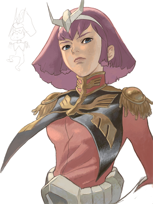 mootan, char aznable, haman karn, gundam, gundam zz, 1girl, blue eyes, char aznable (cosplay), cosplay, epaulettes, female focus, military, military uniform, pink hair, short hair, solo