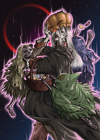 susukinohukurou, high priest (ragnarok online), wraith (ragnarok online), ragnarok online, lowres, 1boy, 3others, aura, basket, black cloak, candy, cloak, cowboy shot, dark aura, fingernails, food, glowing, glowing eye, grey hair, halloween, halo, halo behind head, holding, holding basket, jack-o'-lantern, long hair, long sleeves, looking at viewer, multiple others, open mouth, pumpkin on head, red eyes, red halo, sharp fingernails, skeleton, sky, star (sky), starry sky, undead, wind ghost, wrapped candy