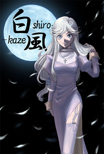 susukinohukurou, priest (ragnarok online), ragnarok online, 1girl, black background, black sky, blue moon, breasts, closed mouth, cowboy shot, cross, cross necklace, dress, full moon, garter straps, grey eyes, grey hair, hand in own hair, jewelry, juliet sleeves, long hair, long sleeves, looking at viewer, medium breasts, moon, necklace, puffy sleeves, purple dress, purple thighhighs, side slit, sky, smile, solo, swept bangs, thighhighs