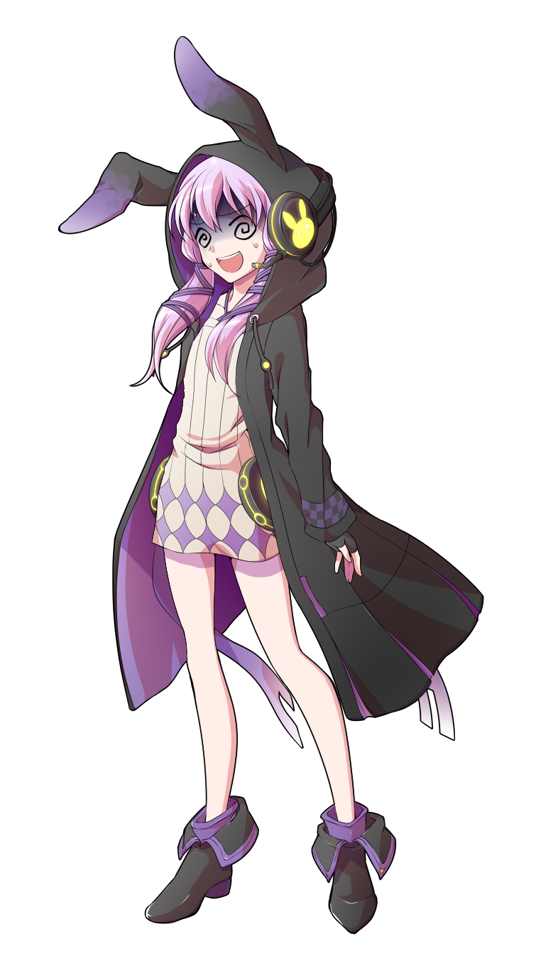 dairi, yuzuki yukari, yuzuki yukari (lin), vocaloid, voiceroid, commentary request, highres, large variant set, variant set, 1girl, animal hood, behind-the-head headphones, black boots, black gloves, boots, criss-cross halter, dress, fingerless gloves, full body, gloves, halter dress, halterneck, headphones, headphones over headwear, hood, hood up, hooded coat, long hair, long sleeves, purple hair, rabbit hood, short dress, short hair with long locks, sidelocks, solo, standing, tachi-e, transparent background, white dress