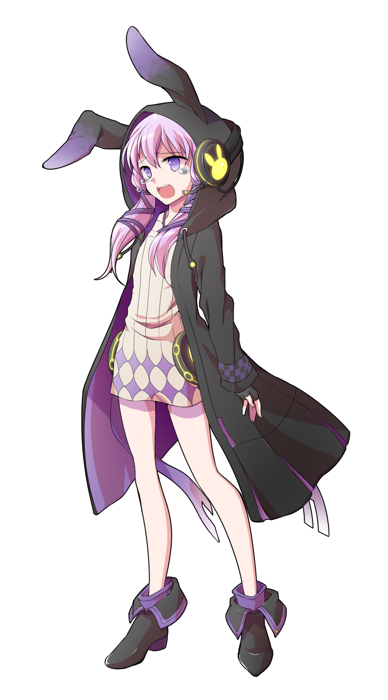 dairi, yuzuki yukari, yuzuki yukari (lin), vocaloid, voiceroid, commentary request, highres, large variant set, variant set, 1girl, animal hood, behind-the-head headphones, black boots, black gloves, boots, criss-cross halter, dress, fingerless gloves, full body, gloves, halter dress, halterneck, headphones, headphones over headwear, hood, hood up, hooded coat, long hair, long sleeves, purple hair, rabbit hood, short dress, short hair with long locks, sidelocks, solo, standing, tachi-e, transparent background, white dress