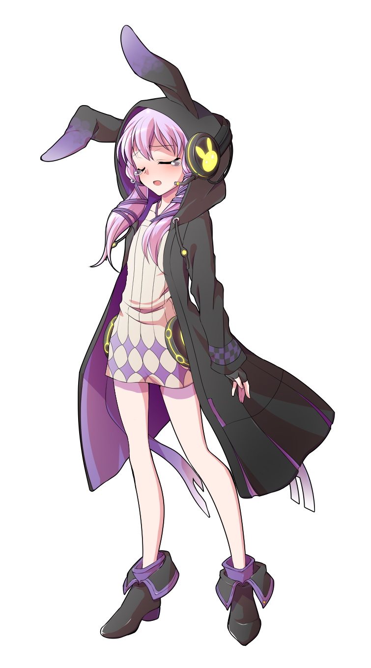 dairi, yuzuki yukari, yuzuki yukari (lin), vocaloid, voiceroid, commentary request, highres, large variant set, variant set, 1girl, animal hood, behind-the-head headphones, black boots, black gloves, blush, boots, criss-cross halter, dress, fingerless gloves, full body, gloves, halter dress, halterneck, headphones, headphones over headwear, hood, hood up, hooded coat, long hair, long sleeves, purple hair, rabbit hood, short dress, short hair with long locks, sidelocks, solo, standing, tachi-e, transparent background, white dress