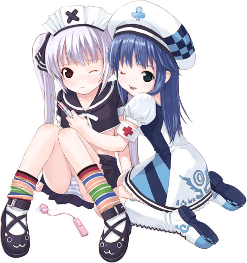 kiira, arin (pangya), kooh (pangya), pangya, 2girls, :3, armband, beret, blue hair, hat, leg warmers, multiple girls, one eye closed, panties, pantyshot, purple hair, rainbow, sailor collar, sex toy, sitting, striped clothes, striped panties, syringe, tears, twintails, underwear, vibrator, wink