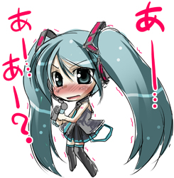 sawano akira, hatsune miku, vocaloid, lowres, 1girl, aqua hair, black thighhighs, blouse, chibi, female focus, grey shirt, long hair, shirt, shoulder tattoo, sleeveless, sleeveless shirt, solo, tattoo, thighhighs, twintails, very long hair, white background