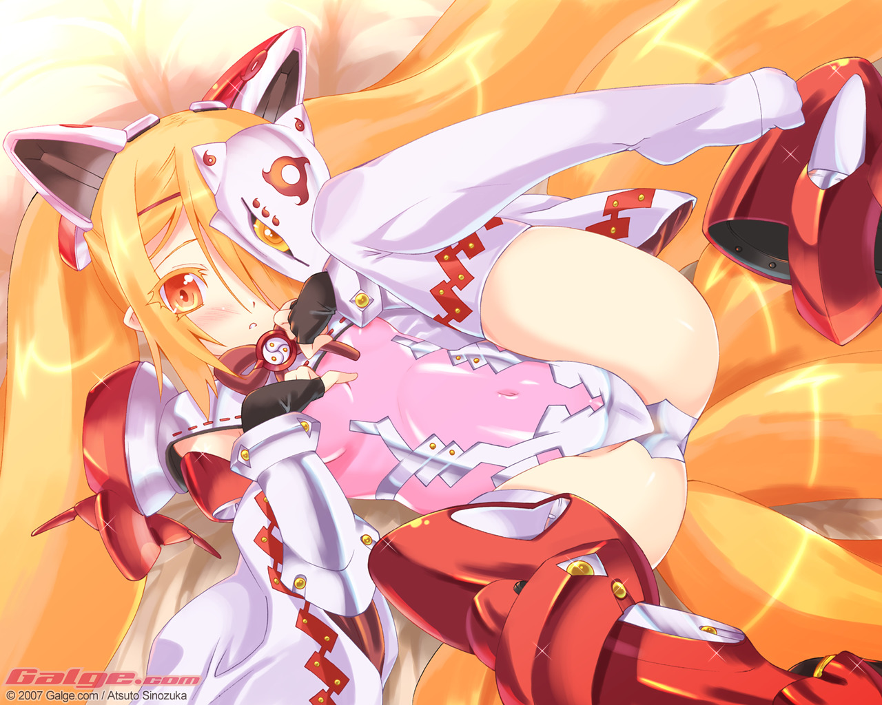 shinozuka atsuto, galge.com, 1girl, 2007, animal ears, armor, blonde hair, blush, crotch, female focus, flat chest, fox tail, leg lift, long hair, lying, mask, mecha, multiple tails, on back, red eyes, robot, solo, spread legs, tail, thighhighs, twintails, very long hair