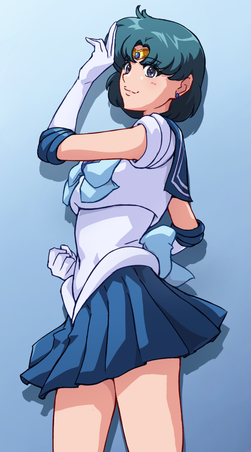 nightstark, mizuno ami, sailor mercury, bishoujo senshi sailor moon, highres, back bow, blue bow, blue bowtie, blue eyes, blue hair, blue sailor collar, blue skirt, bow, bowtie, circlet, elbow gloves, gloves, looking at viewer, pleated skirt, pointing, pointing up, sailor collar, sailor senshi uniform, short hair, skirt, smile, white gloves