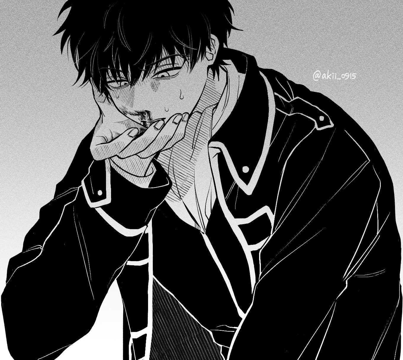 akii 0915, hijikata toushirou, gintama, commentary request, highres, 1boy, arm up, ascot, blood, blood on face, blood on hands, collared jacket, fingernails, grey background, greyscale, injury, jacket, long sleeves, looking at hand, male focus, monochrome, nosebleed, open clothes, open jacket, shinsengumi (gintama), short hair, simple background, solo, sweat, twitter username, upper body, vest, wing collar