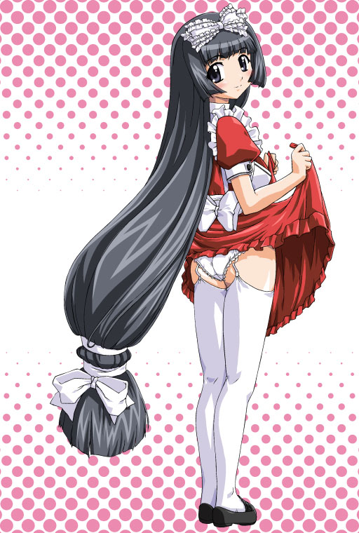 kaen miso, kokoro, misoya, kokoro (kokoro toshokan), kokoro toshokan, 00s, 1girl, ass, blush, bow, clothes lift, dress, dress lift, female focus, from behind, garter belt, grey eyes, grey hair, hair bow, lingerie, long hair, looking back, maid, panties, ponytail, smile, solo, thighhighs, underwear, very long hair, white panties, white thighhighs