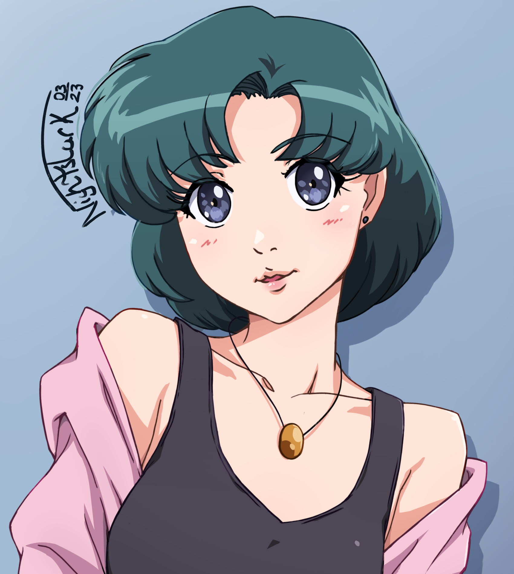 nightstark, mizuno ami, bishoujo senshi sailor moon, highres, 1girl, alternate costume, armpit crease, bare shoulders, black tank top, blue eyes, blue hair, breasts, earrings, jacket, jewelry, light blush, lips, looking at viewer, medium breasts, necklace, parted bangs, pink jacket, solo, stud earrings, tank top