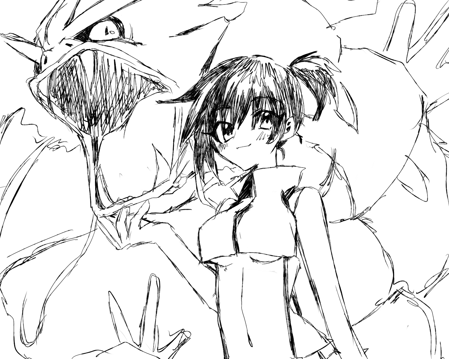 gyarados, misty (pokemon), nintendo, pokemon, pokemon: the electric tale of pikachu, pokemon (anime), pokemon (classic anime), 1girl, arm at side, bare arms, bare shoulders, blush, breasts, closed mouth, colored sclera, crop top, cropped shirt, gen 1 pokemon, hair between eyes, hand up, high collar, looking at viewer, medium breasts, midriff, navel, pokemon (creature), short hair, side ponytail, sleeveless, smile, stomach, suspenders, teeth, underboob, upper body