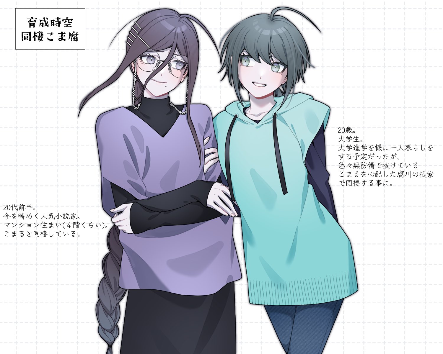 ling yun (amadare0803), fukawa toko, naegi komaru, danganronpa (series), danganronpa another episode: ultra despair girls, shirt over dress, commentary, english commentary, highres, translation request, 2girls, ahoge, alternate costume, alternate hairstyle, aqua hoodie, black dress, braid, casual, closed mouth, crossed arms, dress, eyelashes, fingernails, glasses, green hair, hair between eyes, hair ornament, hairclip, hood, hood down, hoodie, mole, mole under mouth, multiple girls, purple dress, purple eyes, purple hair, round eyewear, short hair, sidelocks, simple background, single braid, sleeveless, sleeveless hoodie, smile, turtleneck, white background