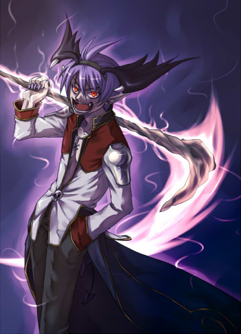 susukinohukurou, high priest (ragnarok online), ragnarok online, lowres, 1boy, aura, black coat, black pants, black wings, coat, cowboy shot, dark aura, demon wings, fake wings, glowing, glowing eyes, hand in pocket, head wings, holding, holding scythe, long sleeves, looking at viewer, male focus, multicolored coat, open mouth, pants, pointy ears, purple background, purple hair, red coat, red eyes, scythe, short hair, smile, solo, two-tone coat, white coat, wings
